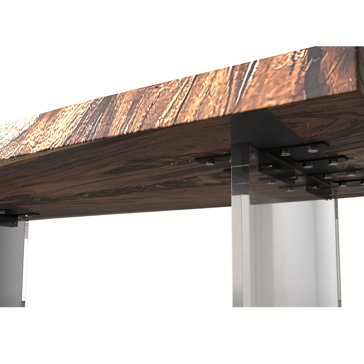 Underside detail of a wood tabletop attached to a clear acrylic support with a black mounting plate