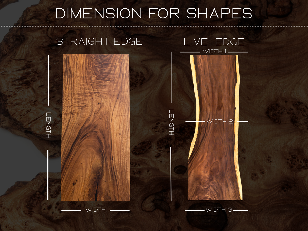 Diagram comparing length and width measurement points on straight-edge and live-edge wood tops