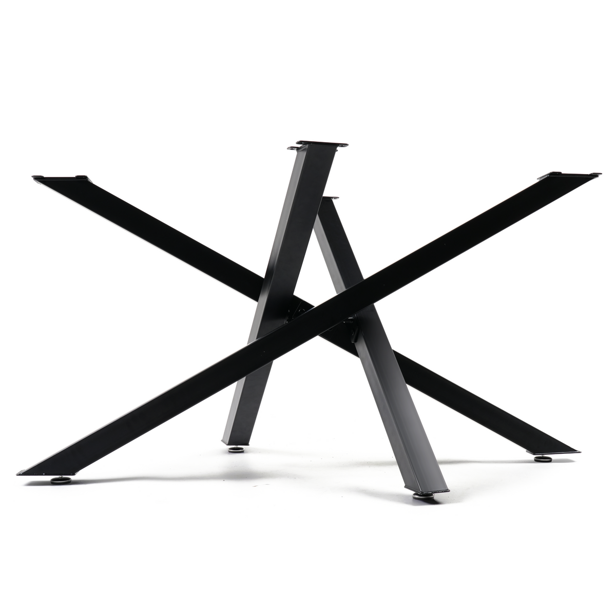 Black crossed-arm metal table base shown without a tabletop