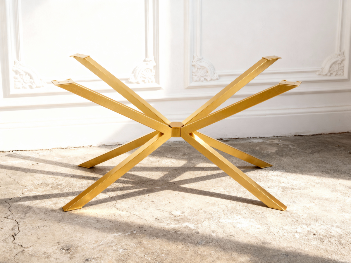 Gold-finish Spider-style metal base photographed against a light wall and floor