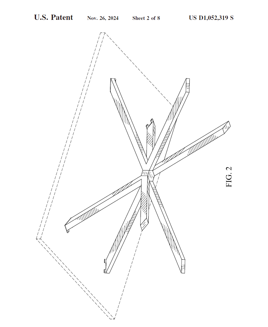 Approved FIG. 2 drawing of TABLE BASE, U.S. Design Patent D1,052,319 S