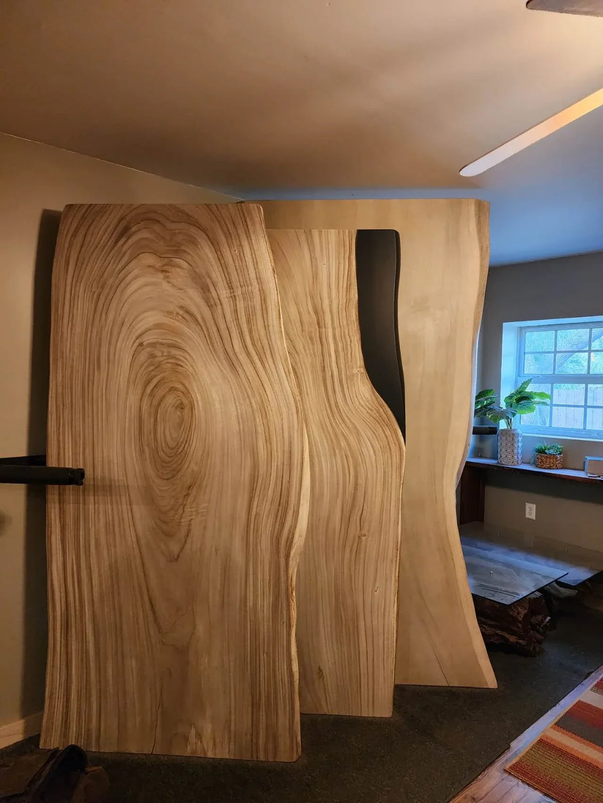 Natural-edge wood slabs displayed upright, showing varied grain
