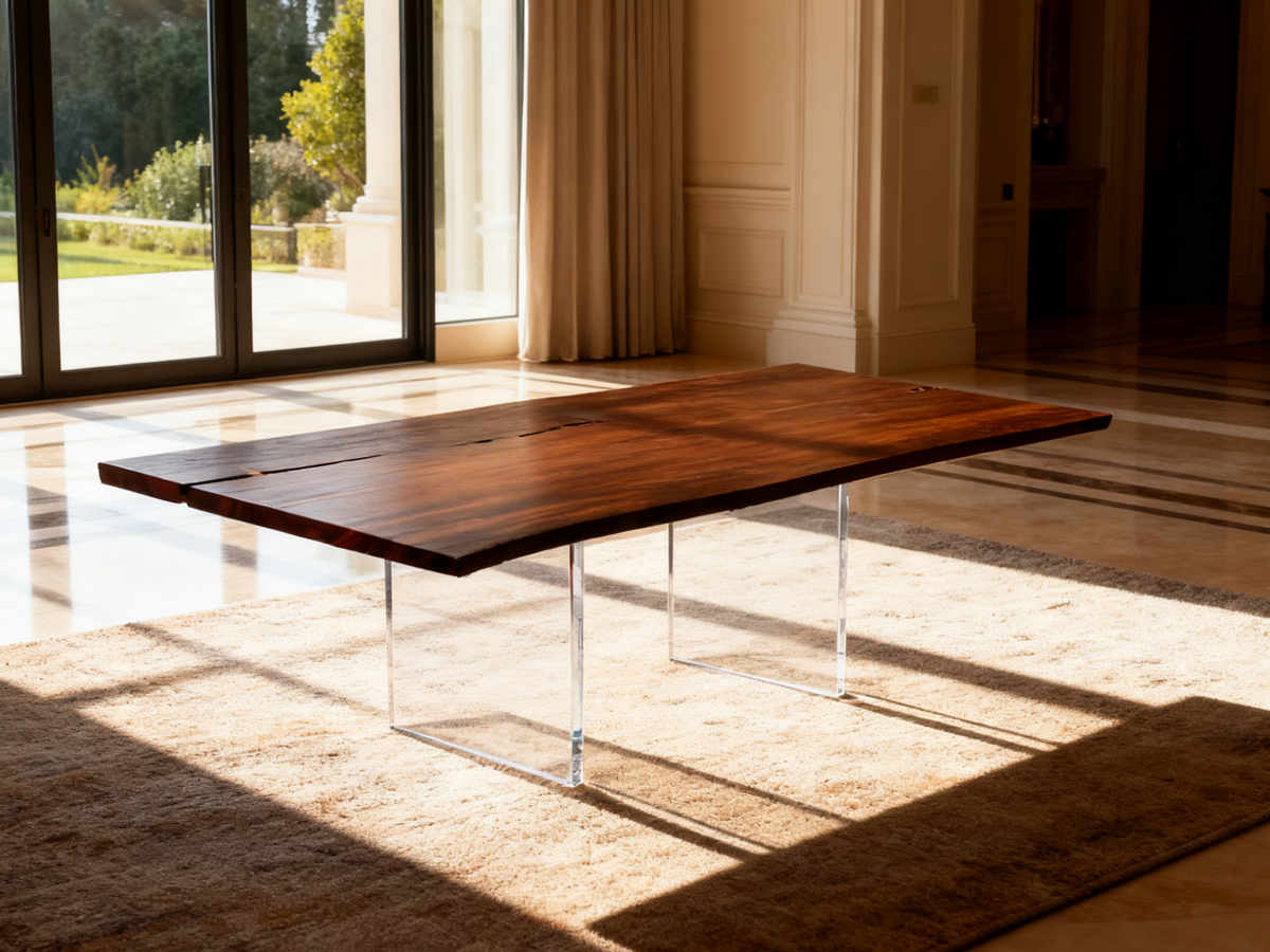 Compact wood tabletop on clear acrylic supports beside a sunlit window