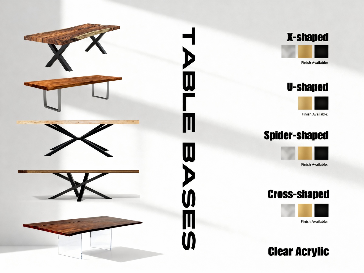 NeoSilvan catalog comparison of X, U, Spider, crossed and clear acrylic table bases