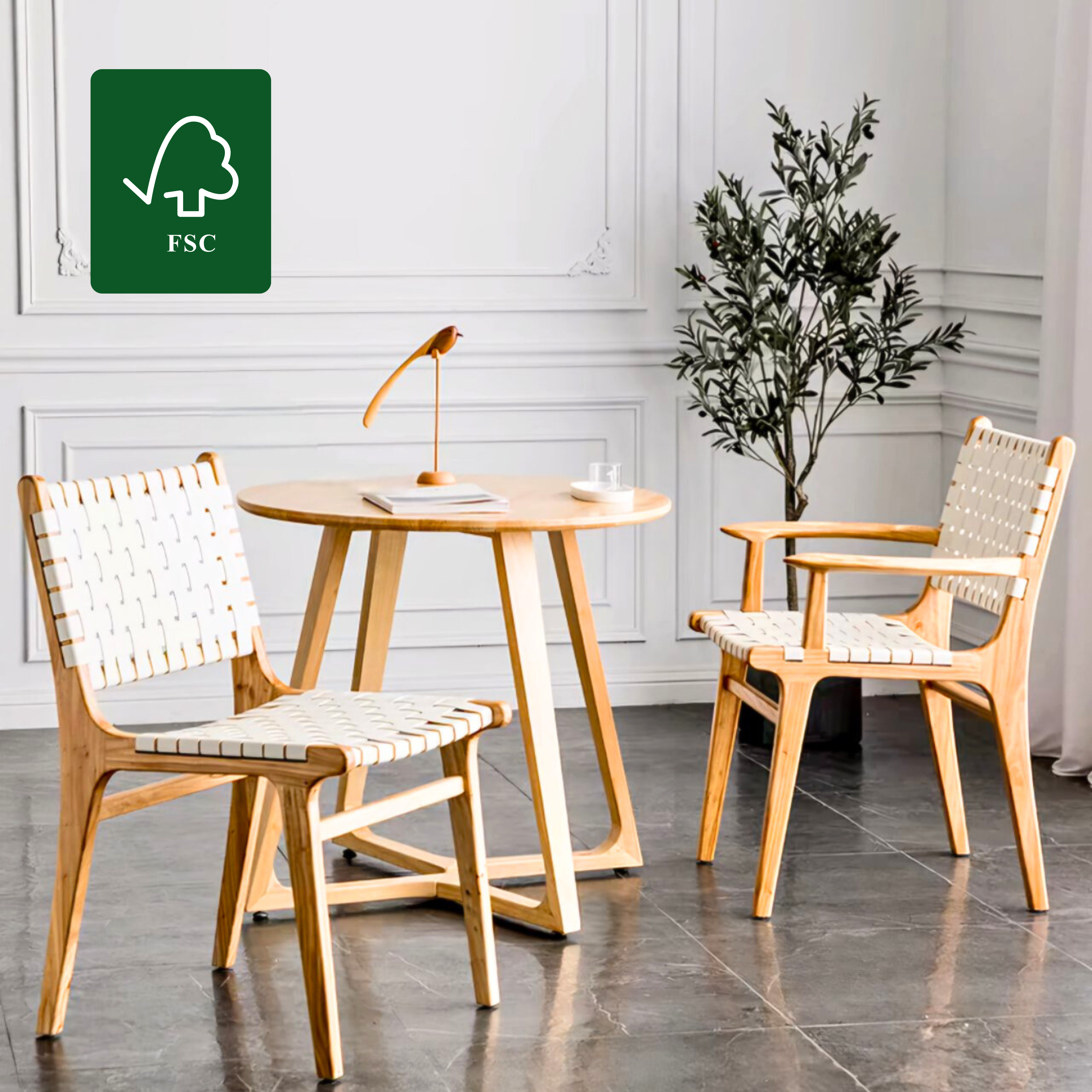 Ready to Ship Solid Wood Bonded Leather Woven Chair with White Leather(SET OF 2 PCS) Luxury Wood Tables