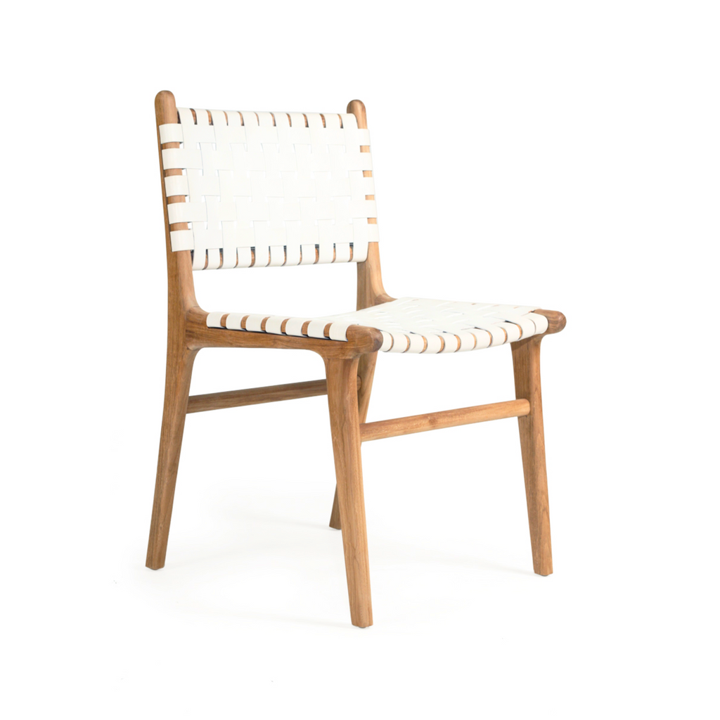 Solid Wood Bonded Leather Woven Chair with White Leather(SET OF 2 PCS)