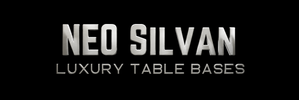The image is a digital logo or banner featuring the text 'NEO SILVAN' in large, metallic silver 3D letters, with 'LUXURY TABLE BASES' written below in a smaller, matching silver font, set against a solid black background.
