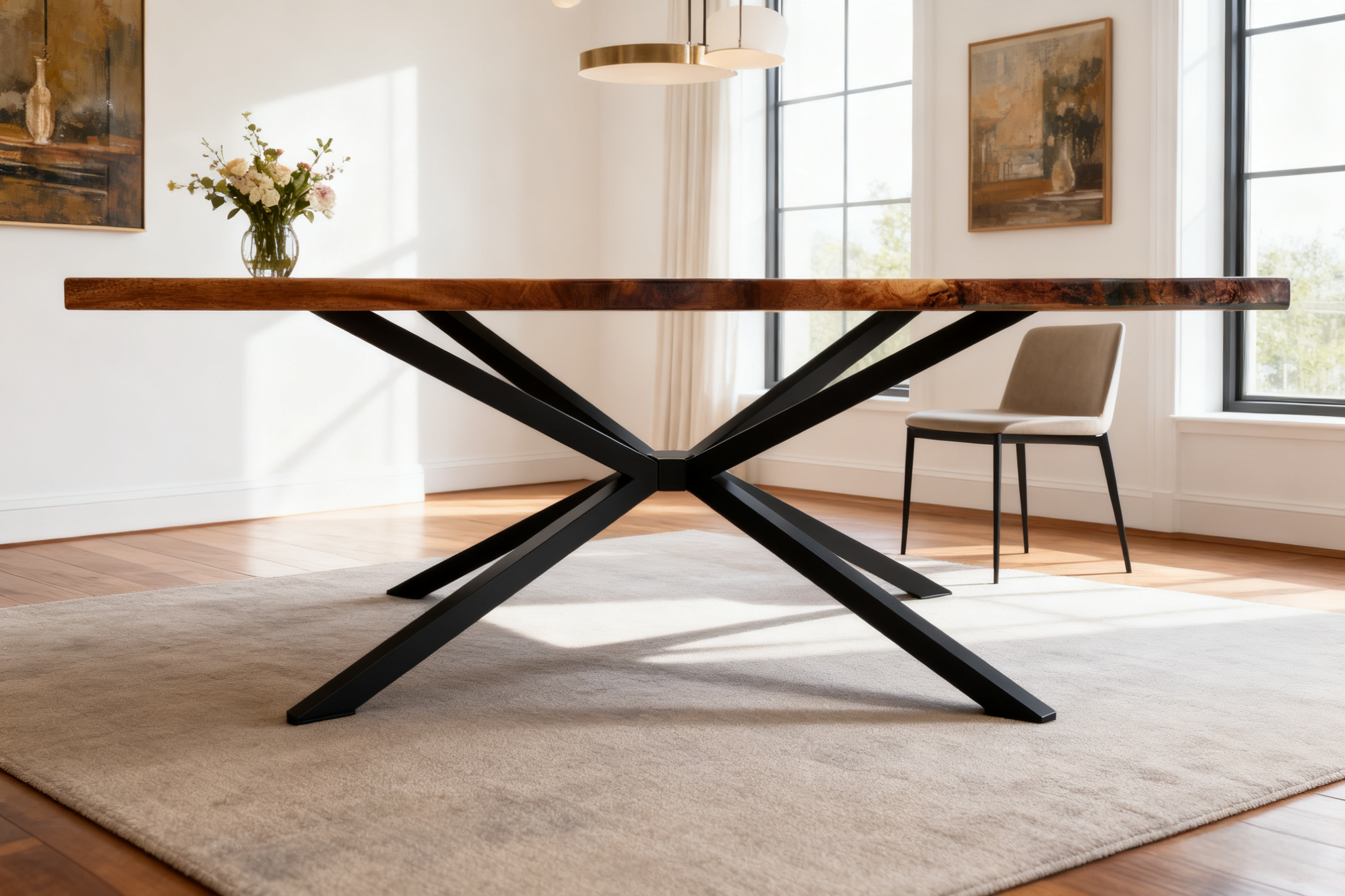 Dining table with wooden top and black metal X-shaped legs in a modern room.