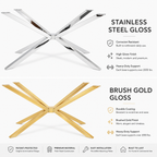 Two metal pedestal table bases shown on a white background, labeled as stainless steel gloss and brushed gold gloss, with feature callouts and icons beside each product view.