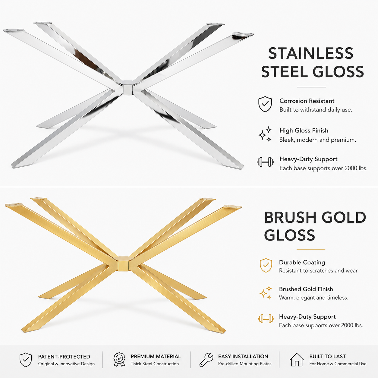 Two metal pedestal table bases shown on a white background, labeled as stainless steel gloss and brushed gold gloss, with feature callouts and icons beside each product view.