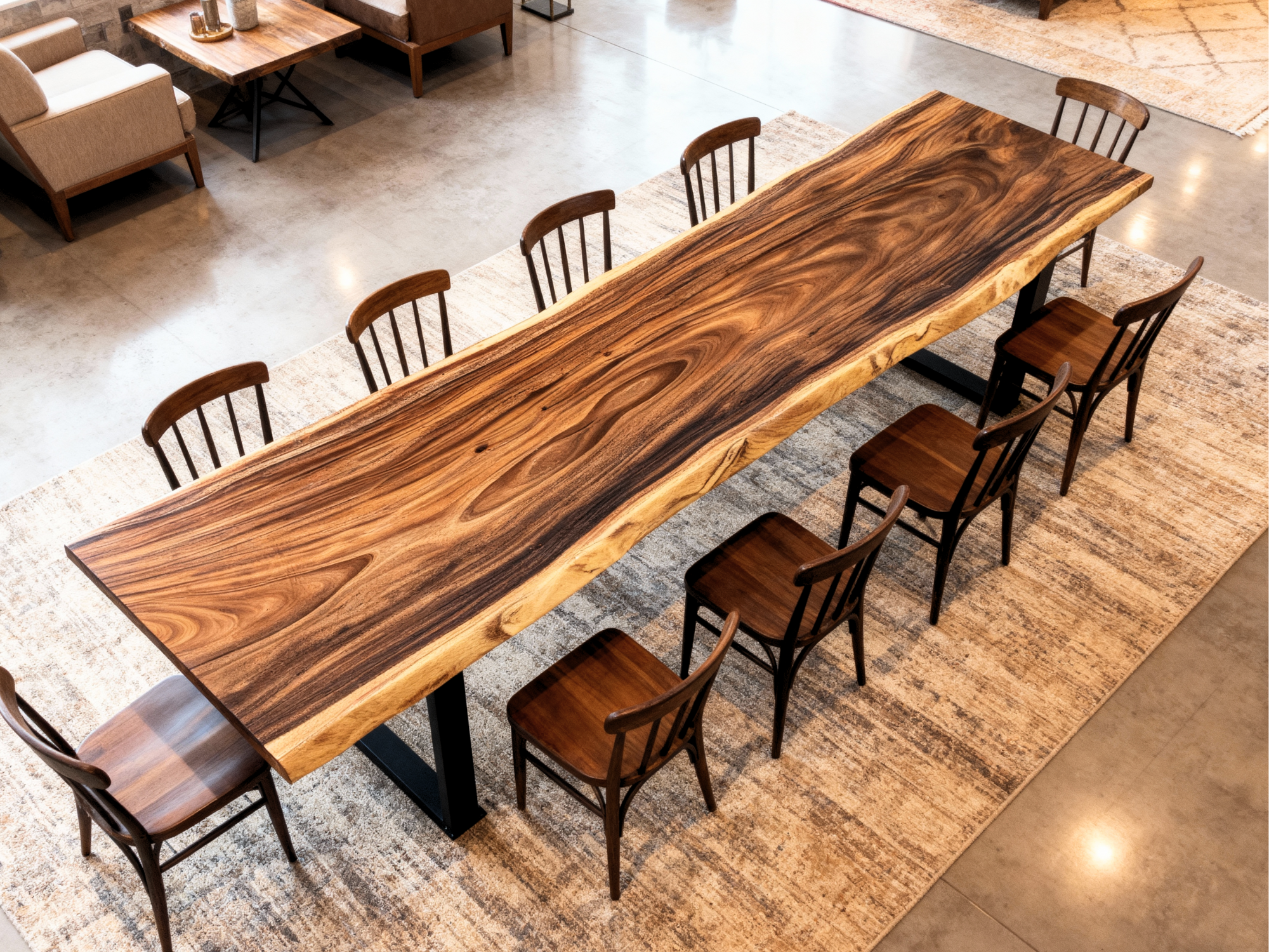 Long wooden dining table with chairs in a modern interior setting