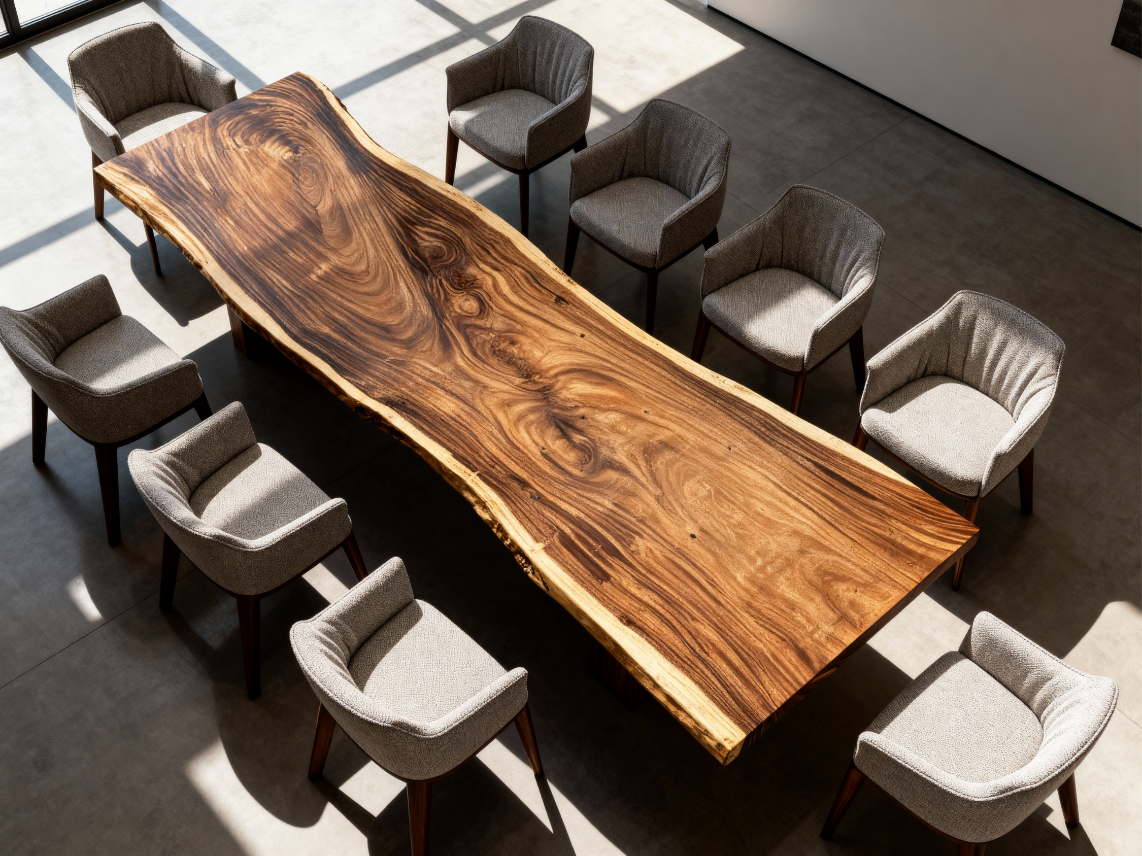 Long wooden table with chairs in a modern room