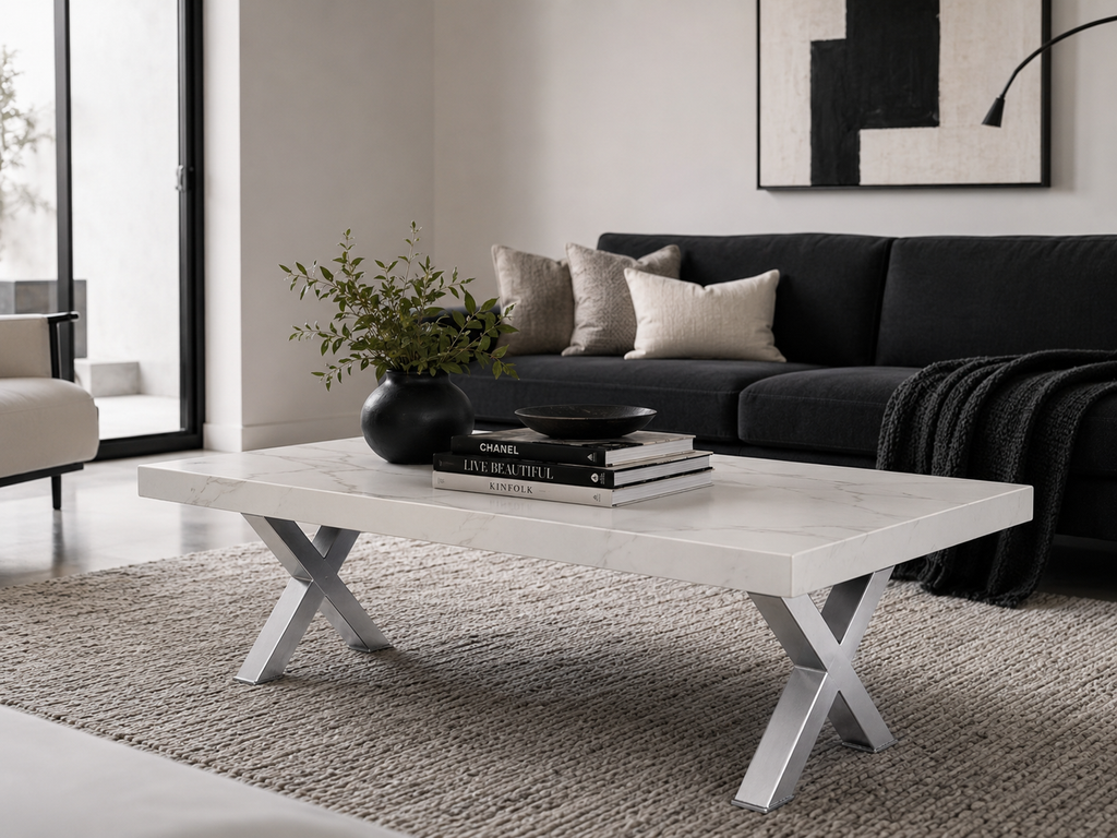 A modern rectangular coffee table with a white marble-look top and silver X-shaped metal legs, styled in a contemporary living room with a dark gray sofa, beige rug, and decorative books and a plant on top.