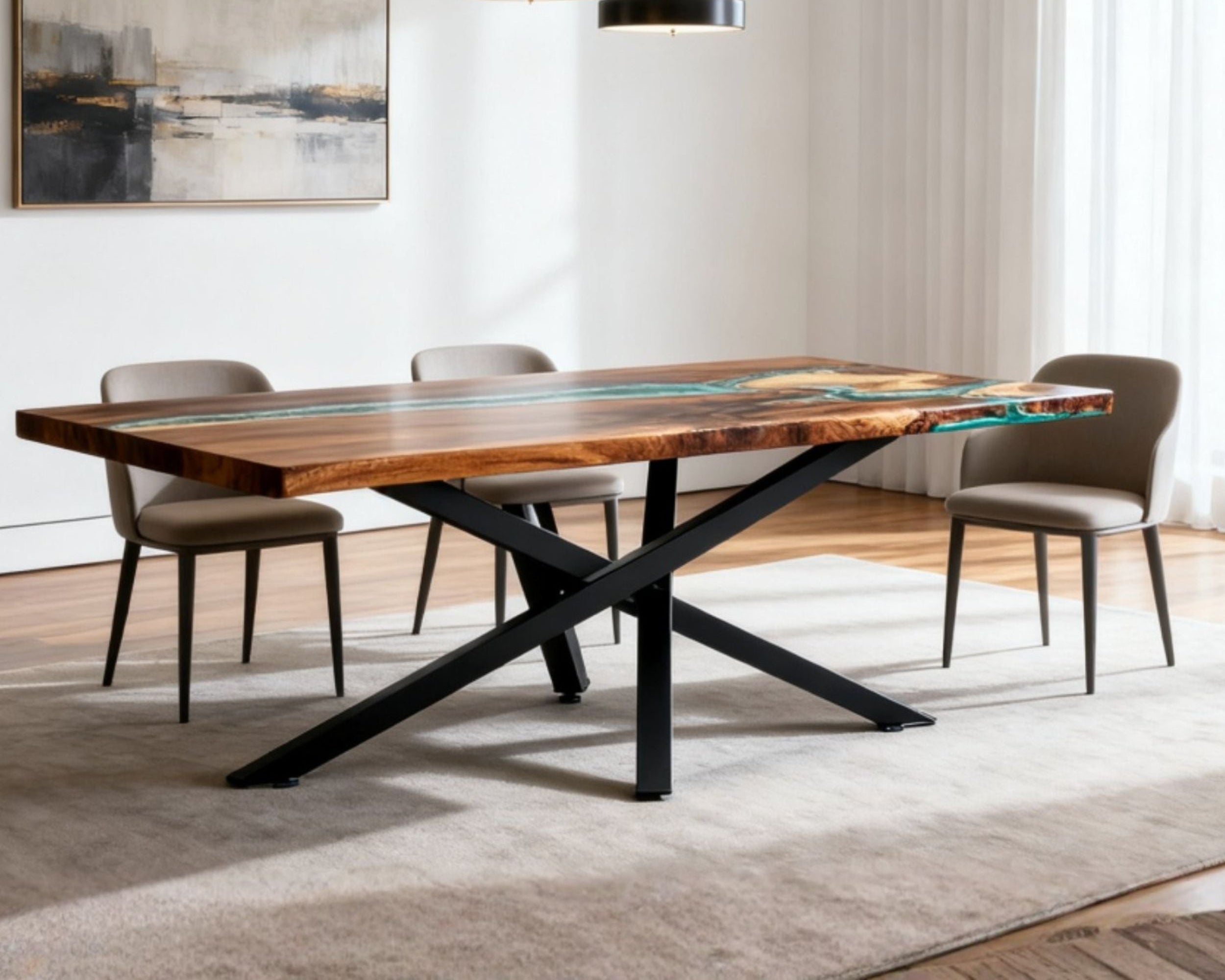 Dining room with a wooden table and chairs in a modern interior setting.