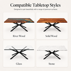 A compatibility graphic showing four tabletop style options under the heading 'Compatible Tabletop Styles.' The options are River Wood, Solid Wood, Glass, and Stone, each pictured with black X-shaped metal table bases on a light background.