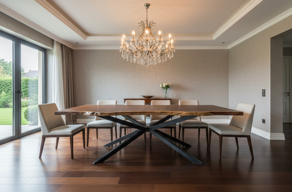 Modern dining room with a wooden table and chairs, featuring a chandelier.