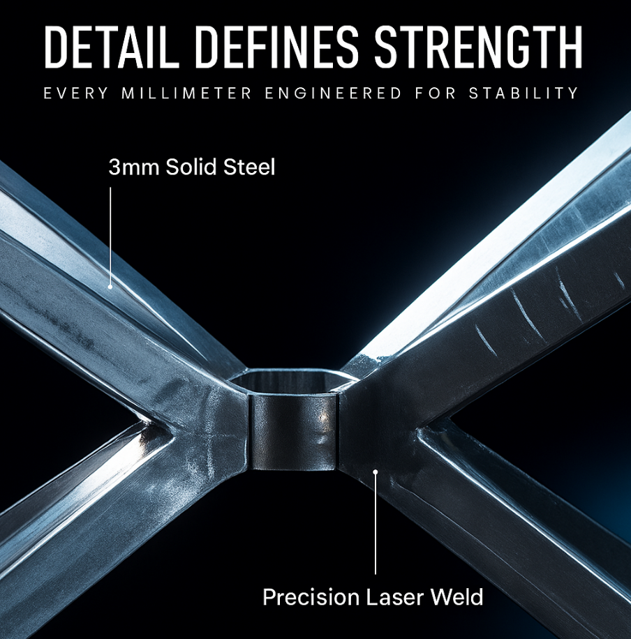 Metal structure with '3mm Solid Steel' and 'Precision Laser Weld' text, against a black background.
