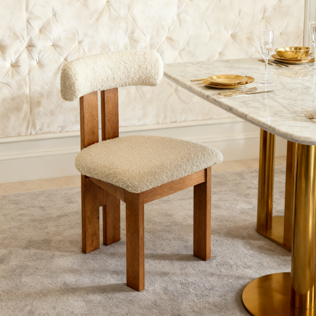Ready to Ship Solid Ashwood Natural Boucle Dining Chair with White Luxury Fabric (SET OF 2 PCS)