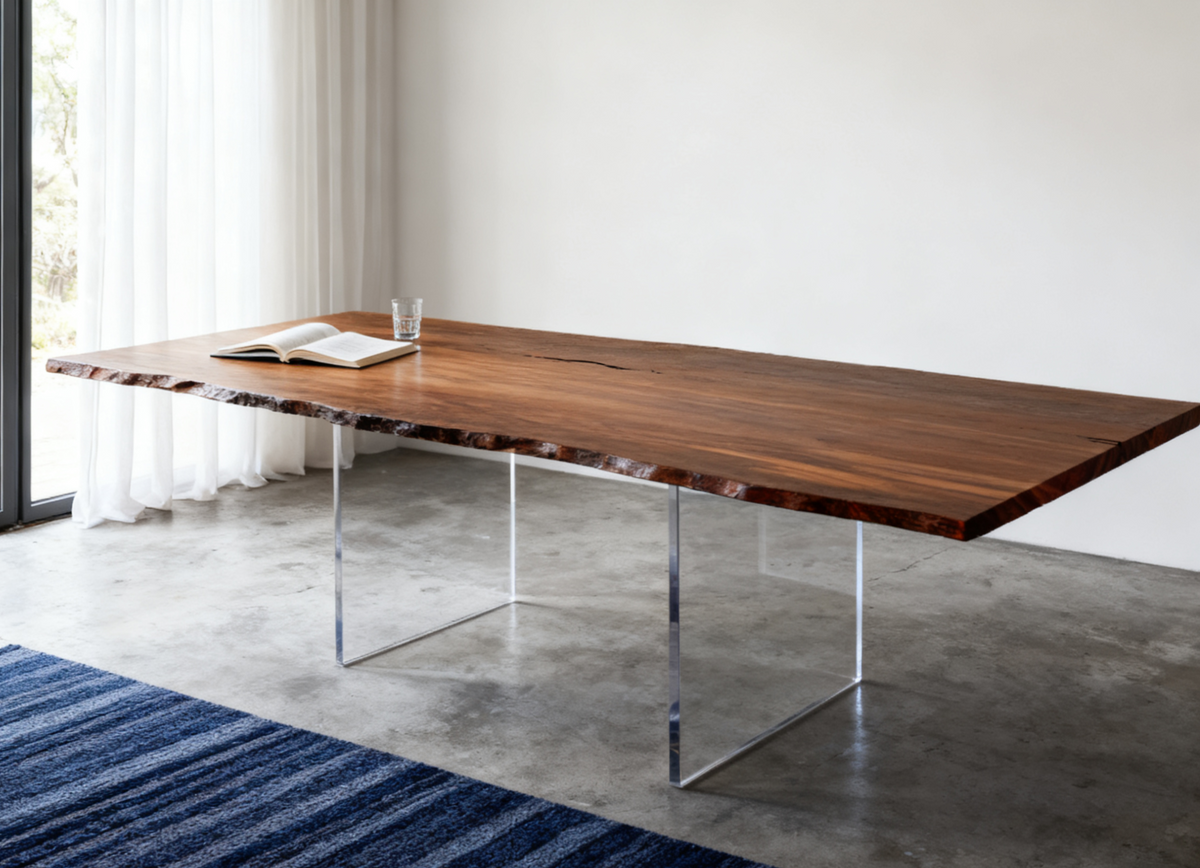 Wood tabletop with two clear acrylic supports beside a window