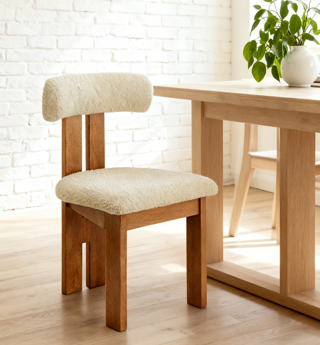 Ready to Ship Solid Ashwood Natural Boucle Dining Chair with White Luxury Fabric (SET OF 2 PCS)