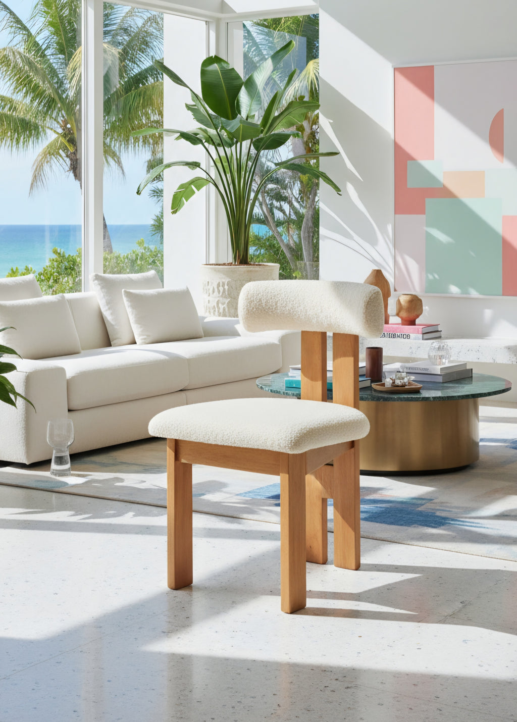 Ready to Ship Solid Ashwood Natural Boucle Dining Chair with White Luxury Fabric (SET OF 2 PCS)