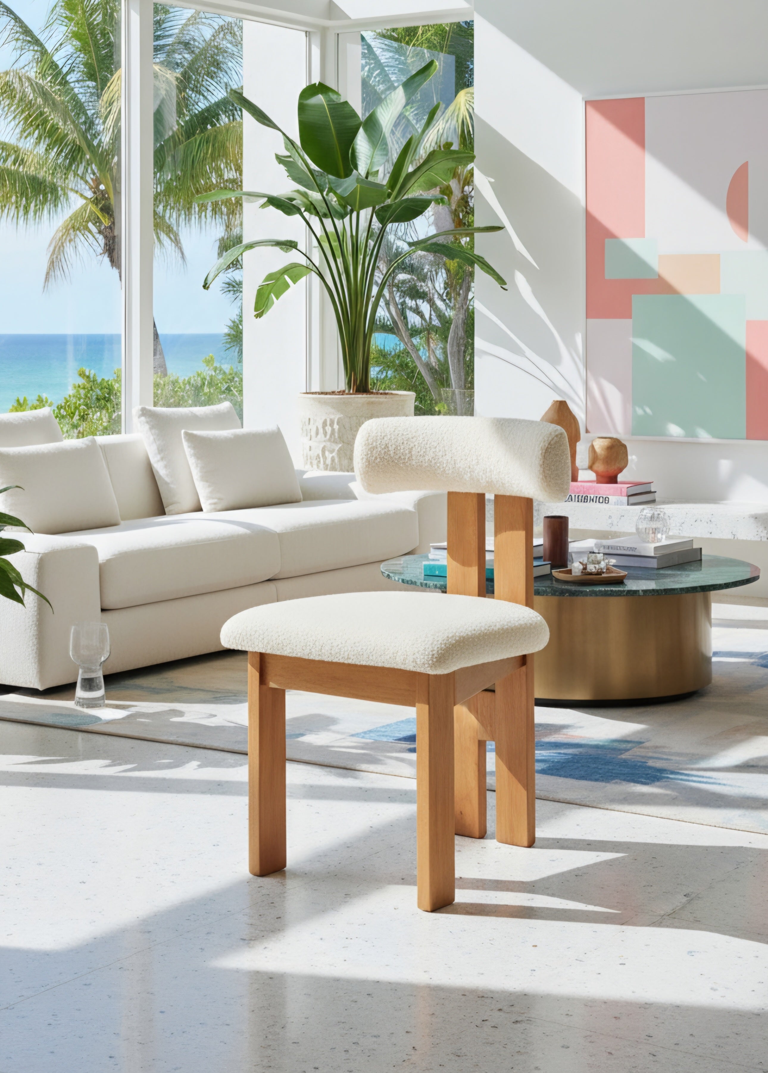 Ready to Ship Solid Ashwood Natural Boucle Dining Chair with White Luxury Fabric (SET OF 2 PCS)