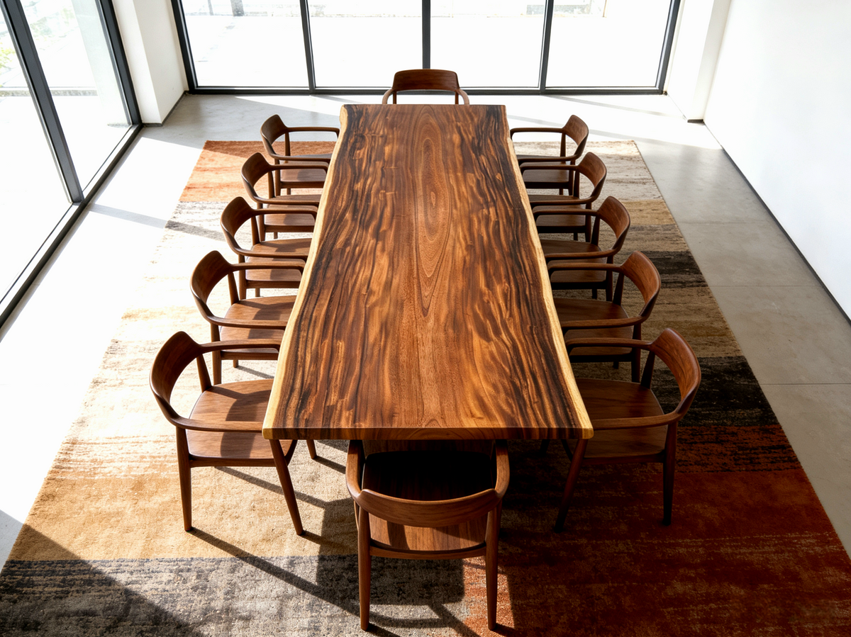 Long acacia slab table with chairs shown from above