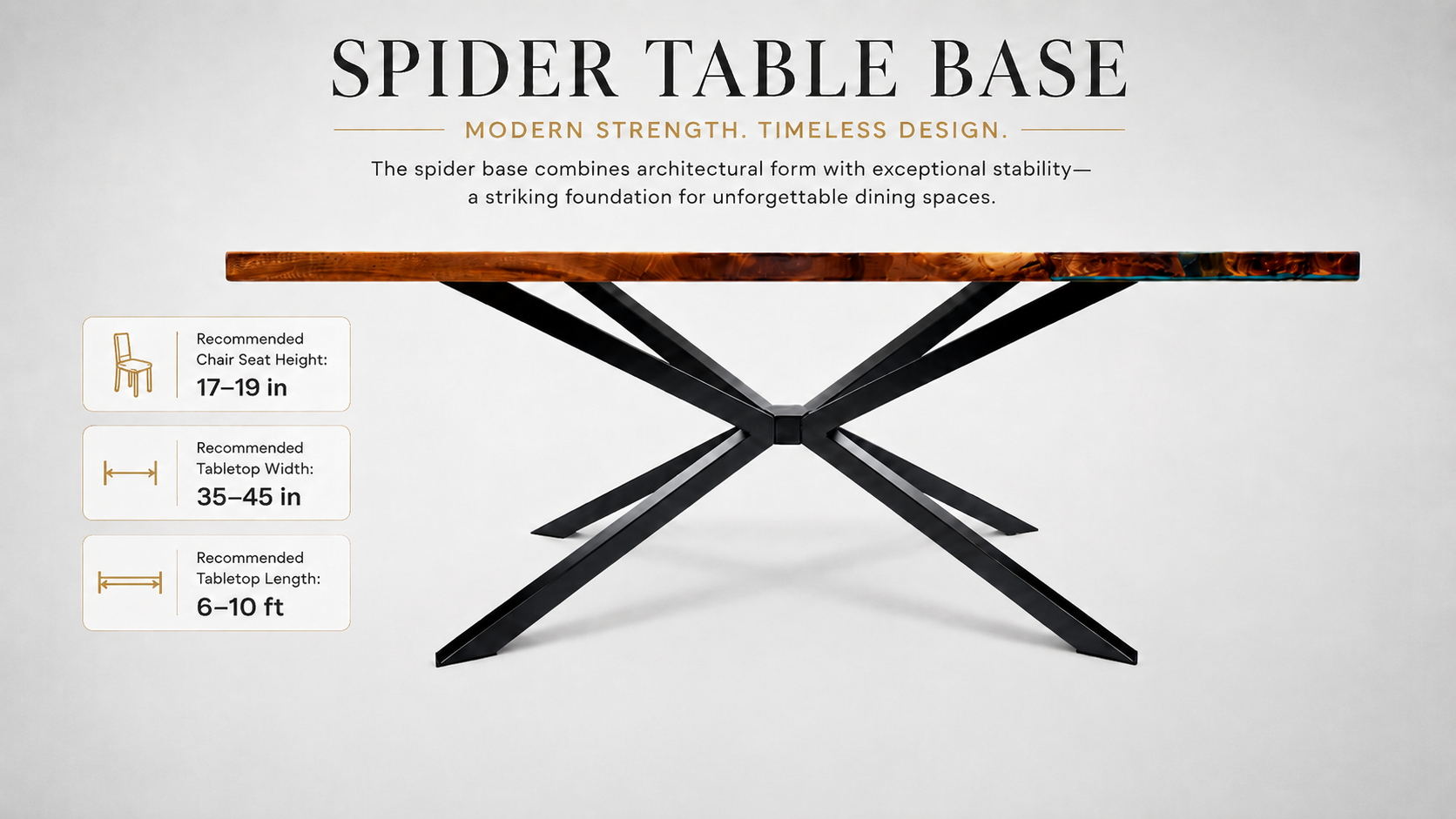 Spider table base product graphic with a rectangular dining table top and black metal X-style legs on a light gray background. Text at top reads 'SPIDER TABLE BASE' and includes feature callouts on the left with chair seat height, tabletop width, and table length recommendations.