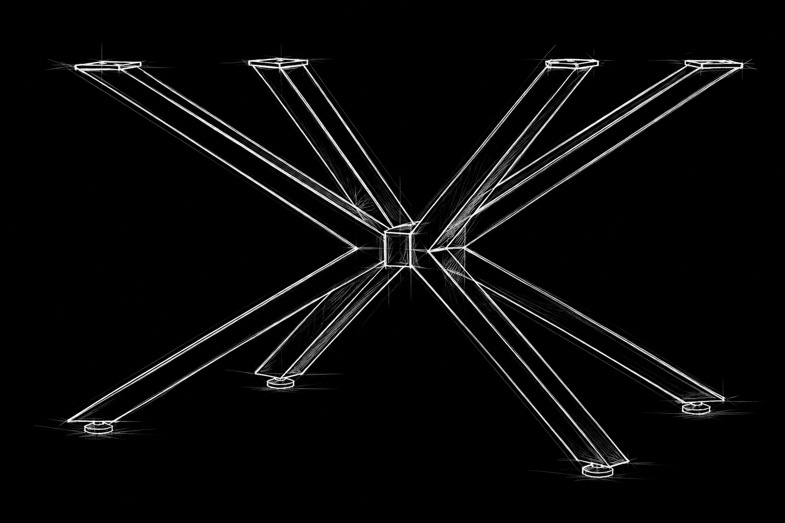 A white line-art rendering of a geometric X-shaped table base or pedestal with a central junction and six radiating legs, shown on a solid black background.