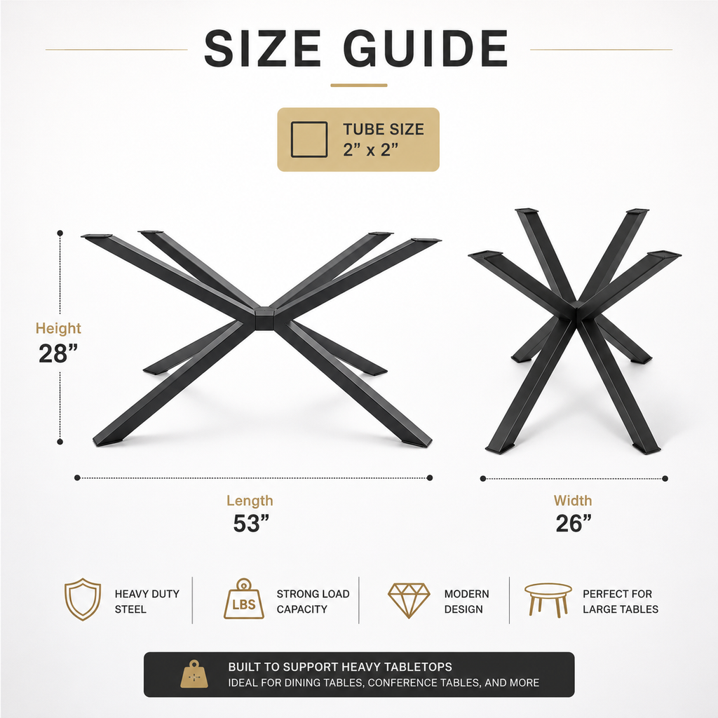 Size guide infographic for a black metal dining table base, showing two views of the X-shaped pedestal base with labeled dimensions: height 28 inches, length 53 inches, and width 26 inches. Includes text about tube size 2 x 2 and feature badges such as heavy duty steel, strong load capacity, and modern design.