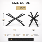 Size guide infographic for a black metal dining table base, showing two views of the X-shaped pedestal base with labeled dimensions: height 28 inches, length 53 inches, and width 26 inches. Includes text about tube size 2 x 2 and feature badges such as heavy duty steel, strong load capacity, and modern design.