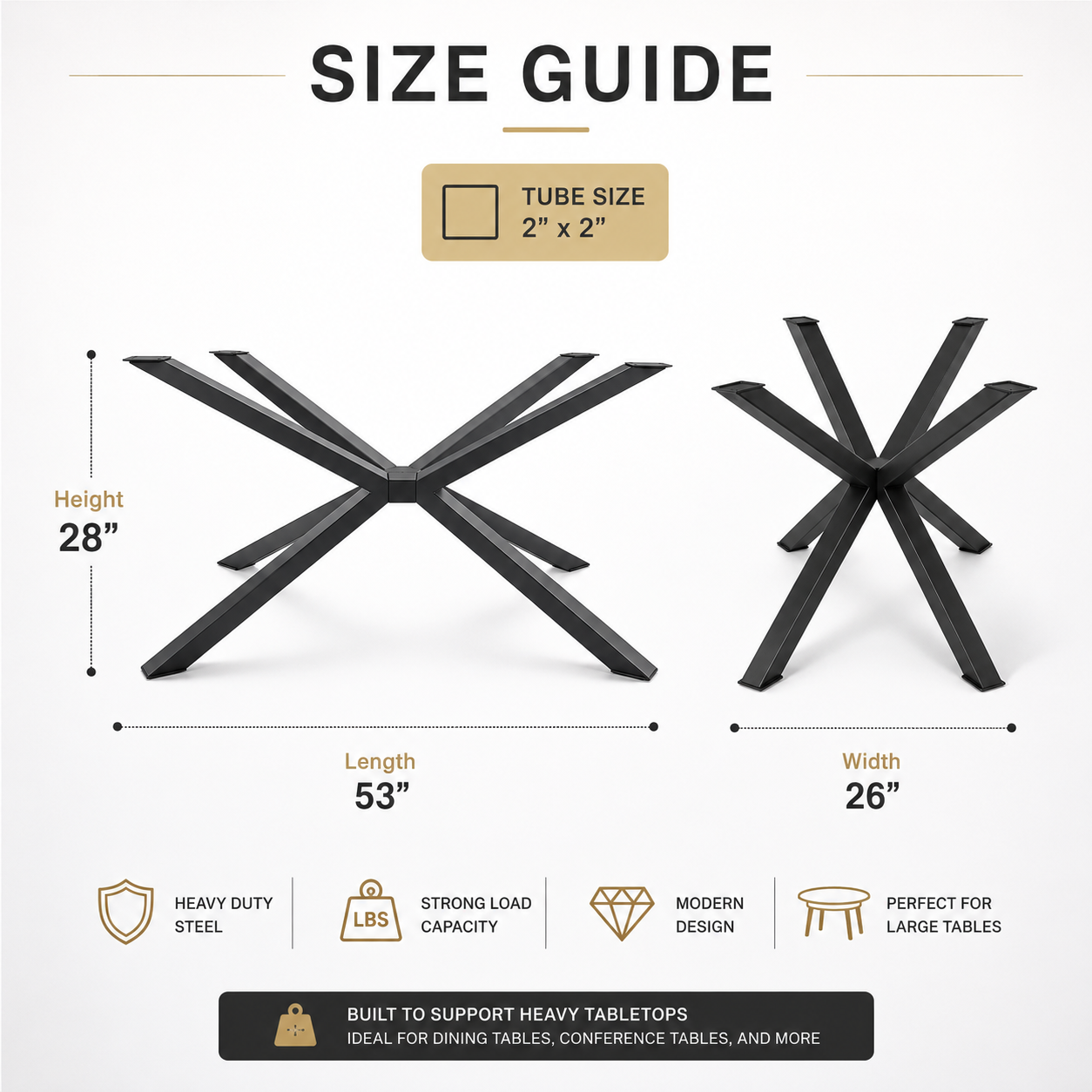 Size guide infographic for a black metal dining table base, showing two views of the X-shaped pedestal base with labeled dimensions: height 28 inches, length 53 inches, and width 26 inches. Includes text about tube size 2 x 2 and feature badges such as heavy duty steel, strong load capacity, and modern design.
